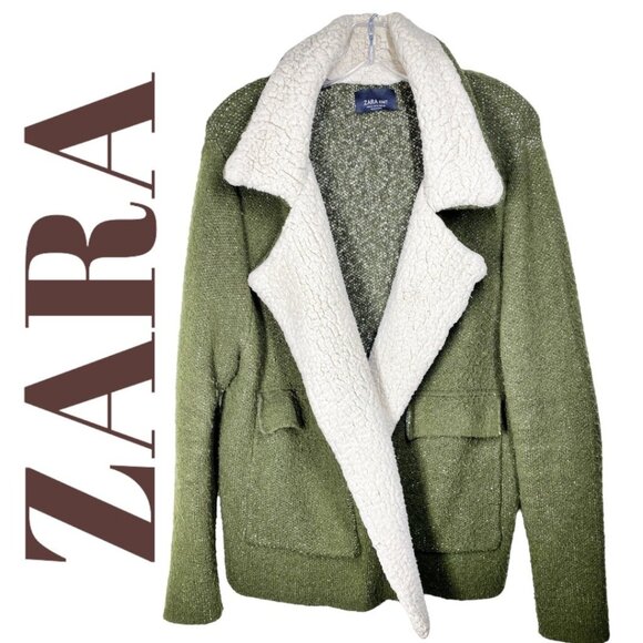 ZARA SHERPA KNIT SWEATER CARDIGAN JACKET OLIVE GREEN RELAXED OVERSIZED, MEDIUM - Picture 1 of 12